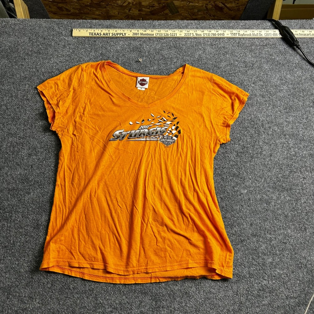 Harley-Davidson T-Shirt Womens XL Orange 2011 Sturgis V-Neck Graphic Cotton Tee